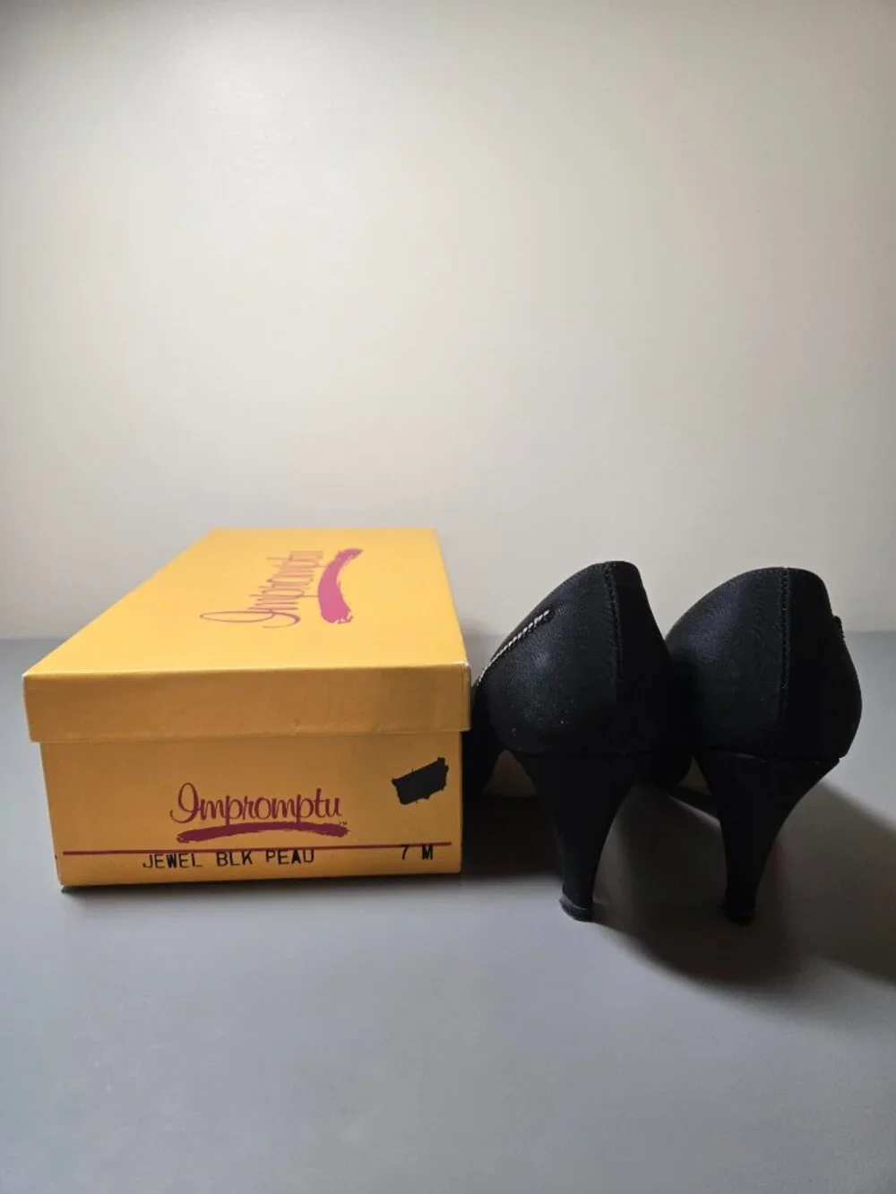 VINTAGE Impromptu Black Peau de Soie Satin Pumps with Rhinestone Detail, Classy